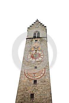 The bell tower of Vipiteno or Sterzing isolated in white background. photo