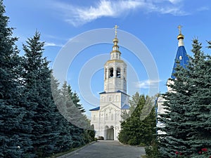 Bell tower of Zilantov monastery against the sky, Kazan, Russia