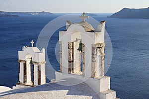 Bell Towers of Famous Church in Santorini