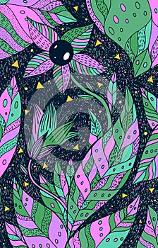 Belladonna - floral illustration. colorful plant drawing. Graphic psychedelic multicolored line art. Vector artwork