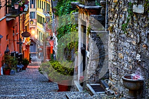 Bellagio, lake Como, Milan, Italy. Famous stone stairs street