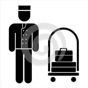 bellboy bellman baggage man male hotel person uniform hat graphic sign, symbol