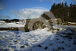 Bellever clapper bridge in the snow