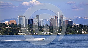 Bellevue Washington from Lake with Mountains