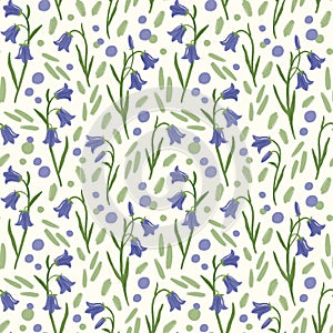 Bellflower seamless pattern. Hand drawn bluebell flowers on off white background decorated with dots and brush strokes