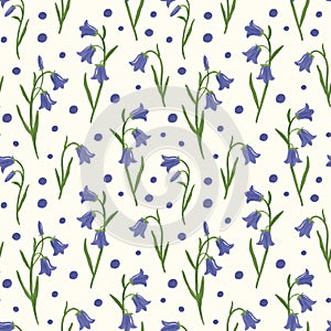 Bellflower seamless pattern. Hand drawn elegant bluebell flowers on off white background. Campanula repeated design