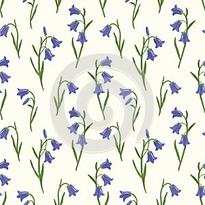 Bellflower seamless pattern. Hand drawn elegant simple bluebell flowers on off white ivory background. Campanula