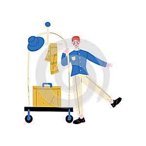 Bellhop, Bellboy or Bellman with Luggage Cart with Suitcase, Hotel Staff Character in Blue Uniform Vector Illustration