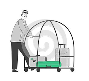 Bellhop, Bellboy or Bellman Pushing Luggage Cart with Suitcases, Hotel Staff in Uniform Isolated on White Background