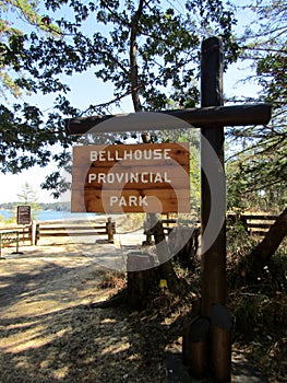 Bellhouse Provincial Park sign at Galiano Island, BC, Canada