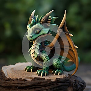 Belligerent little green dragon made of wood on forest background, selective focus