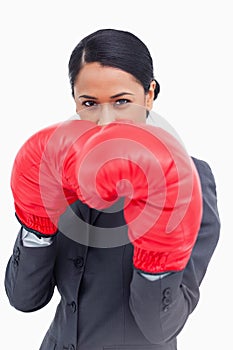 Belligerent saleswoman with boxing gloves photo