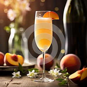 Bellini champagne cocktail in crystal glass on wooden table