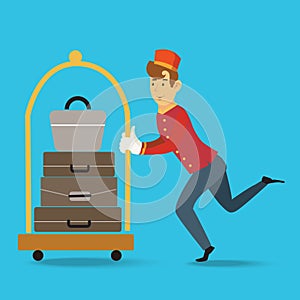 Bellman Pushing Luggage Cart with Suitcases Website Landing Page. Hotel Staff in Uniform Bellboy Meeting Guest, Hospitality