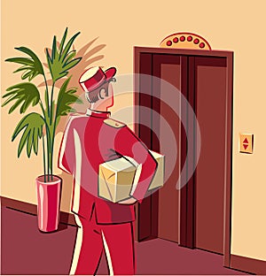 Bellman in red livery, which is preparing to enter an elevator,