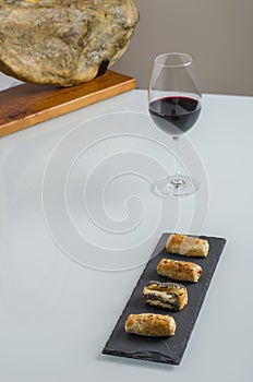 Bellota ham, aperitif and glass of wine. photo