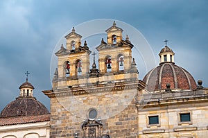 Bell tower in the cathedral in the plaza mayor in bogota. Colombia.