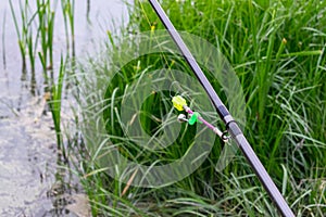 Bells for fish bites on fishing rod against background of green