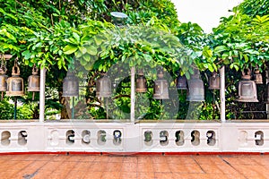 Bells on the top of Wat Saket temple Golden mount in Bangkok, Thailand. Religion bells are buddhist symbol of religion. Famous