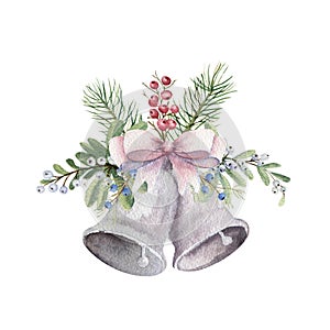 Bells with winter decor - fir branches, berry twigs, omela, etc. Watercolor illustration on a white isolated background