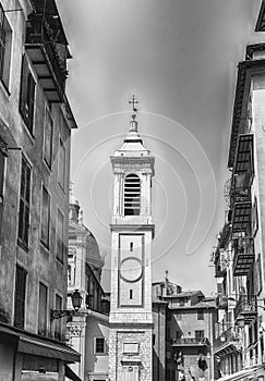 Belltower of the baroque Nice Cathedral, Cote d`Azur, France