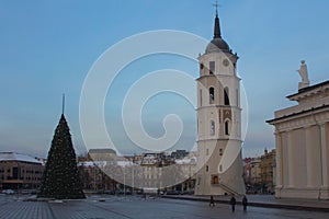 Belltower of the Cathedral Basilica of St Stanislaus and St Ladislaus of Vilnius at winter. Lithuania