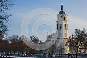 Belltower of the Cathedral Basilica of St Stanislaus and St Ladislaus of Vilnius at winter. Lithuania