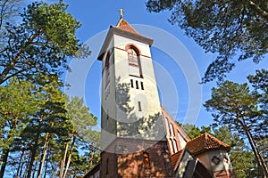 The belltower of the church of the Holy Monk Seraphim of Sarov the church of Rauschen against the sky. Svetlogorsk, Kaliningra