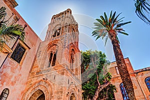 Belltower of church Martorana with palm trees, Palermo. Sicily. photo