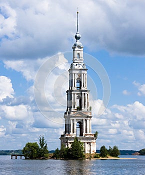 Belltower on river Volga, Kalyazin, Russia photo