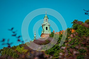 Belltower of Wawel castle in Krakow city, rising up from the green grass up towards the blue sky.. Wide panorama of famous castle