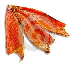 The belly of the Atlantic salmon. Smoked. White background. Isolated