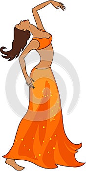 Belly dancer in orange dress isolated on white