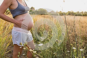 Belly of pregnant woman in the countryside