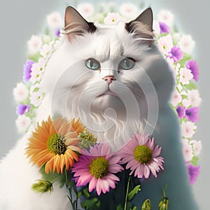 Belo gato branco, lindo, olhos azuis com flores!