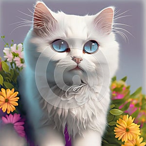 Belo gato branco, peludo, olhos azuis! photo