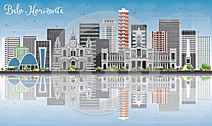 Belo Horizonte Skyline with Gray Buildings, Blue Sky and Reflect