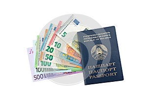 Belorussian passport with european banknotes money isolated on white
