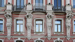 Beloselsky-Belozersky Palace. The facade with atlantes` figures and balconies. St. Petersburg, Russia