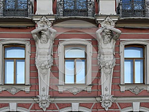 Beloselsky-Belozersky Palace. The facade with atlantes` figures and balconies. St. Petersburg, Russia