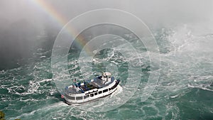 Below Niagara Falls with a tour boat and rainbow in the mist