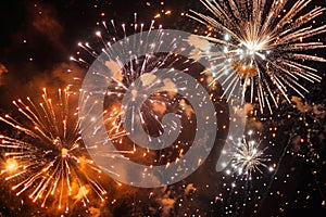 From below shot of wonderful vivid fireworks exploding on background of black night sky