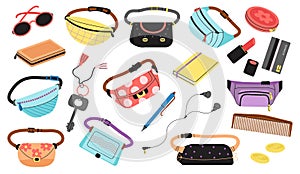 Belt bags and girl accessories. Handbag purse fashion models, isolated lipstick, money and keys. Trendy style notebook