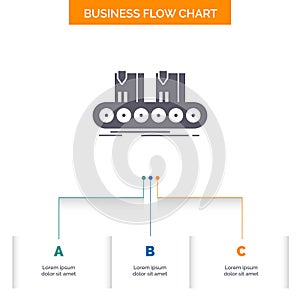 Belt, box, conveyor, factory, line Business Flow Chart Design with 3 Steps. Glyph Icon For Presentation Background Template Place