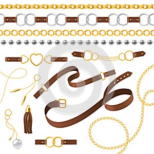 Belt elements. Braid, pendants chain and bracelet, leather straps and metallic buckle, jewelry design trending photo