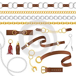 Belt elements. Metal chains, pendant and braid, leather belts with buckle, strap female accessories isolated vector set