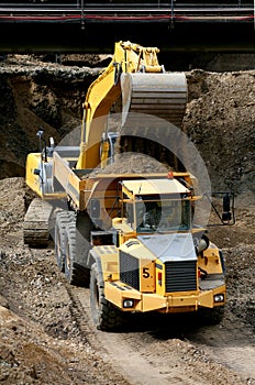 Belt excavator loading a big dumper