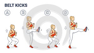 Belt Kicks Female Home Workout Exercise Guidance. Girl Doing Squats and Kicks Switching Legs Routine photo