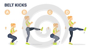 Belt Kicks Female Home Workout Exercise Guidance. Girl Doing Squats and Kicks Switching Legs Routine photo