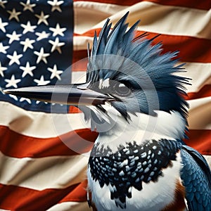 Belted Kingfisher against flag of USA, most common kingfisher species in US